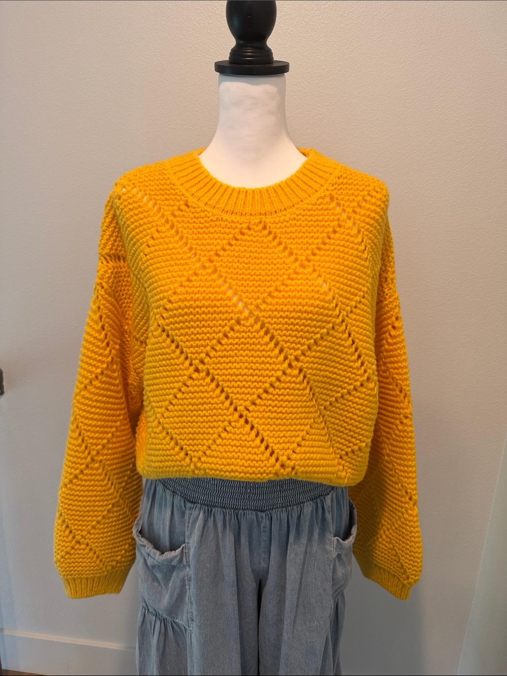 By Together Sunny Yellow Diamond-Stitch Crewneck Sweater